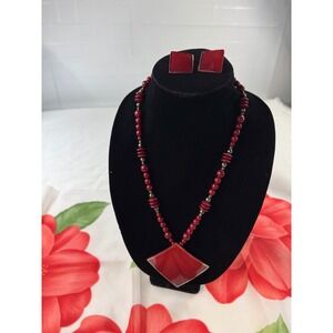 Karla Jordan Red Beaded Statement Necklace and Square Stud Earring Set